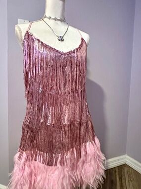 Pink Sequin Feather Dress - NWOT